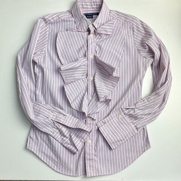 Ralph Lauren Tops - Ralph Lauren Ruffled Button Down Striped Blouse Size 12 100% Cotton